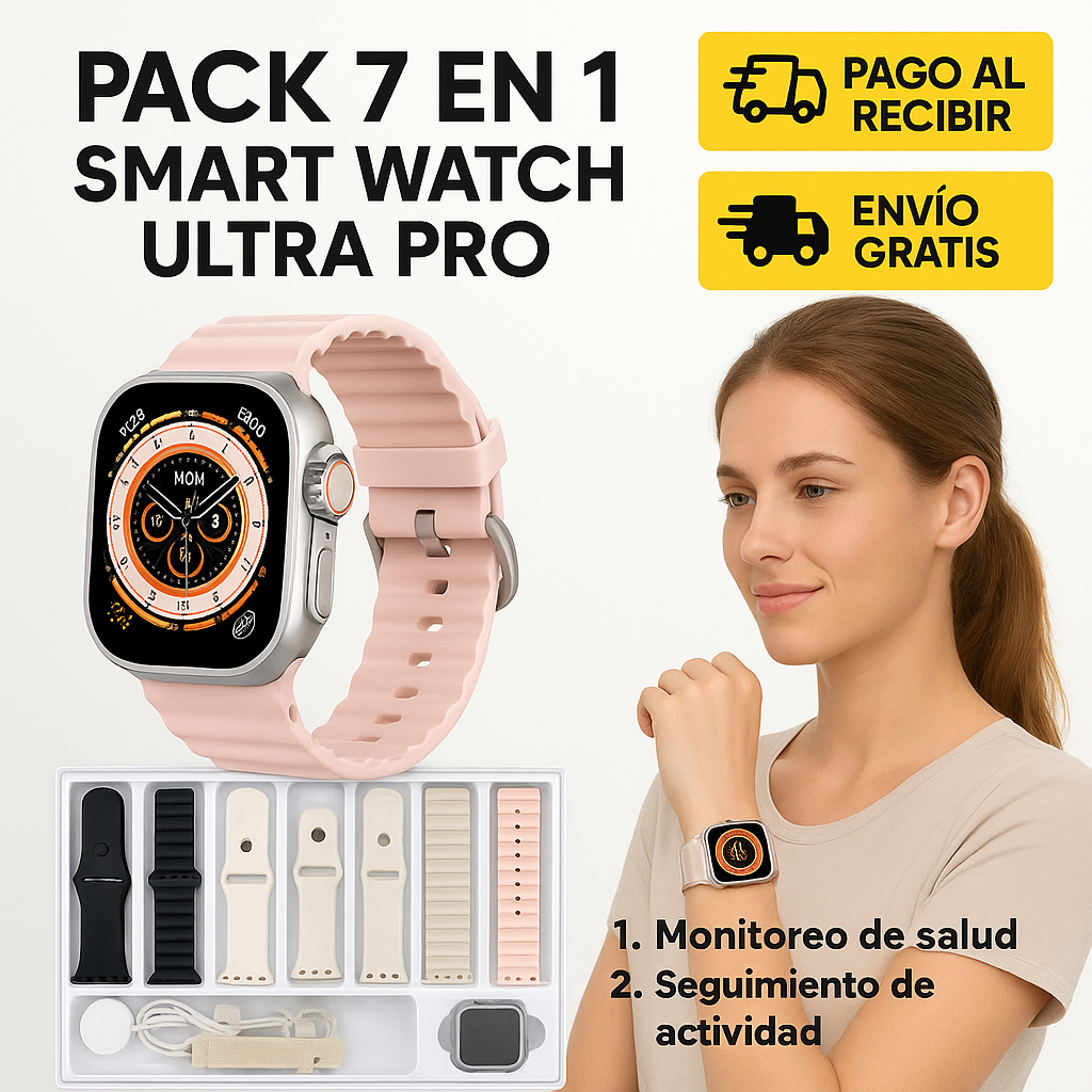 PACK 7 EM 1 SMART WATCH ULTRA PRO + 7 CORREAS + CAJA CON CARGADOR POR INDUCCIÓN SOLO HOYN