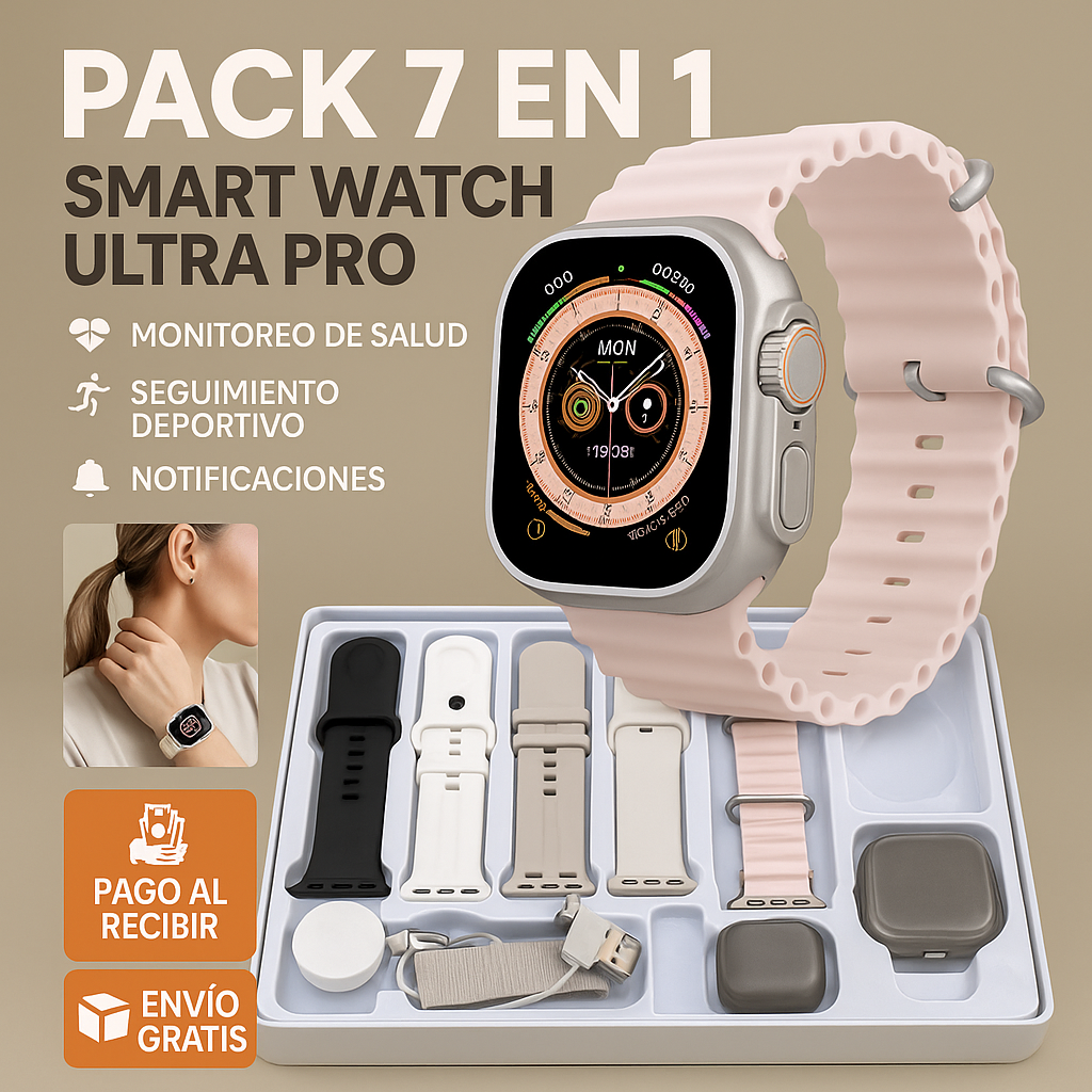 PACK 7 EM 1 SMART WATCH ULTRA PRO + 7 CORREAS + CAJA CON CARGADOR POR INDUCCIÓN SOLO HOYN